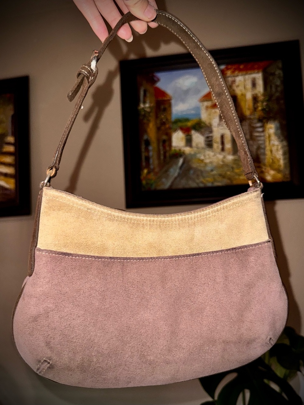 Vintage 90s Taupe Brown Tan Suede Leather Shoulder Bag Purse Small